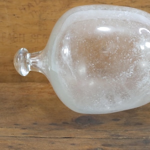 Può includere: Una bottiglia di vetro trasparente e bulbosa, con un corpo arrotondato e un piccolo collo cilindrico. La bottiglia ha un aspetto smerigliato ed è posta su uno sfondo di legno.