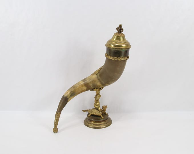 Antique German Historismus Drinking Horn | Brass Putto Turtle Mount | Renaissance Revival Prunkhorn with Lid, Nordic Inscription Decor