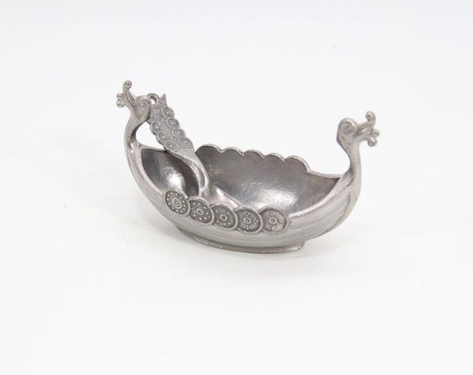 Vintage Norwegian Pewter Viking Ship Salt Cellar with Spoon | Small Decorative Norse Longship Dish | Scandinavian Table Decor