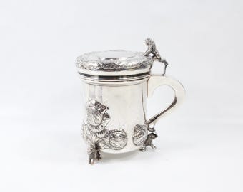 Preben Salomonsen 925 Sterling Silver Tankard | Danish Folk Art Silver Smith | Lion Ornaments | Rare Beer Stein