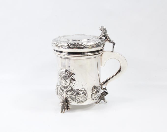 Preben Salomonsen 925 Sterling Silver Tankard | Danish Folk Art Silver Smith | Lion Ornaments | Rare Beer Stein