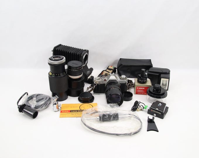 Canon AV-1 35mm Film Camera Set | 1970s Canon SLR with Lenses Macro Bellows Flash | Large Vintage Canon Kit