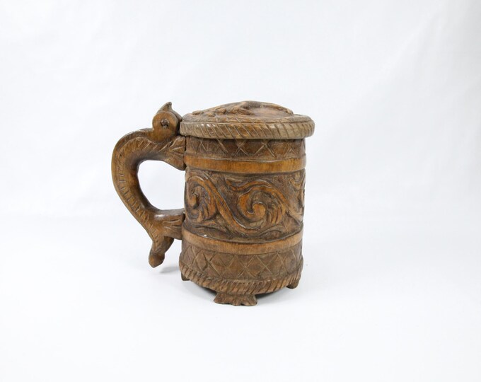 Antique 1900s Lionhead Beer Tankard | Norwegian Folk Art Ale Mug | Handcrafted Woodwork | Rare Lion Carving