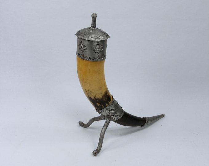 Vintage Hand Cast Norwegian Drinking Horn with Cow Horn and Tin - Folk Art Decor - Wedding decor - Vintage Norwegian hand made