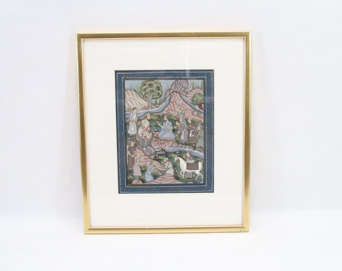 Antique Style Indian Persian Miniature Painting – Hand Painted Gouache Scene with Scholars and Horse in Gilt Frame