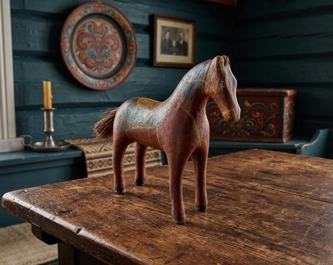Antique Norwegian Folk Art Horse Figure | Hand Carved Painted Wooden Horse Sculpture with Natural Patina 1800s Decor