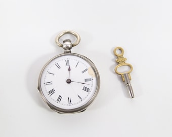Antique Key Wind Pocket Watch | 19th Century Nickel Case | Roman Numeral Porcelain Dial | Working Key Included | Early Mechanical Timepiece