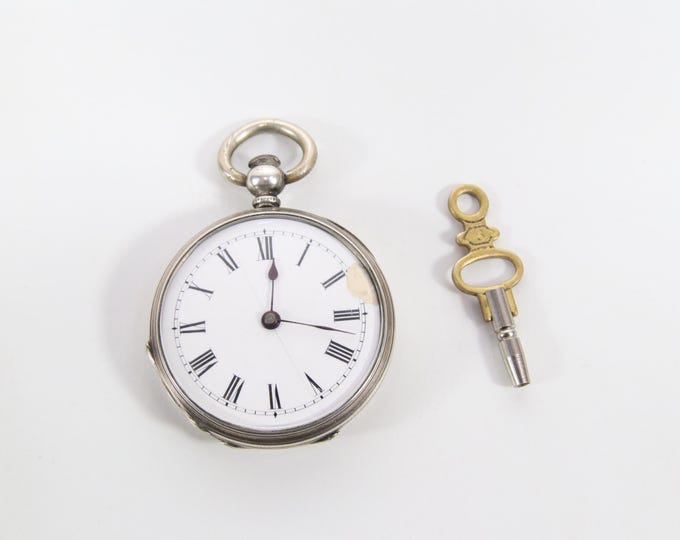 Antique Key Wind Pocket Watch | 19th Century Nickel Case | Roman Numeral Porcelain Dial | Working Key Included | Early Mechanical Timepiece