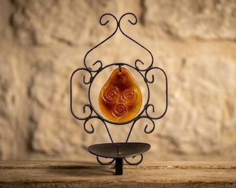 Ystad Metall Wall Candle Holder by Gunnar Ander | Swedish Mid Century Modern Wrought Iron & Yellow Glass | 1950s Decor