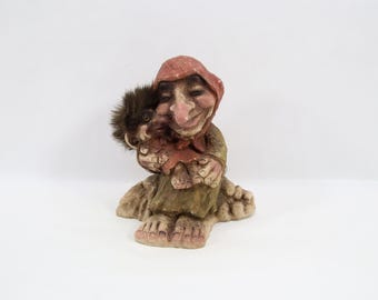 NyForm Grandmother Troll Figurine Model 261 | Troll With Grandchild Norway | Vintage 1980s Scandinavian Folk Art Decor
