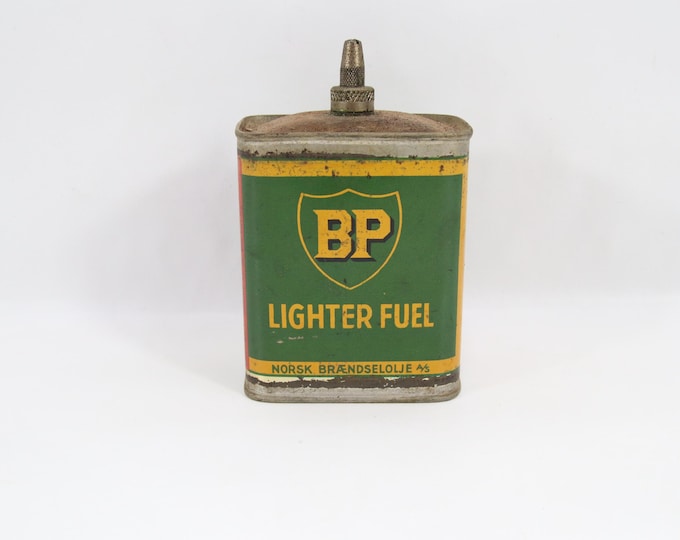 Vintage BP Lighter Fuel Tin Can | 1960 Norwegian Norsk Brændselolje Collectible | Retro Petroliana Display Piece | BP Advertising Tin