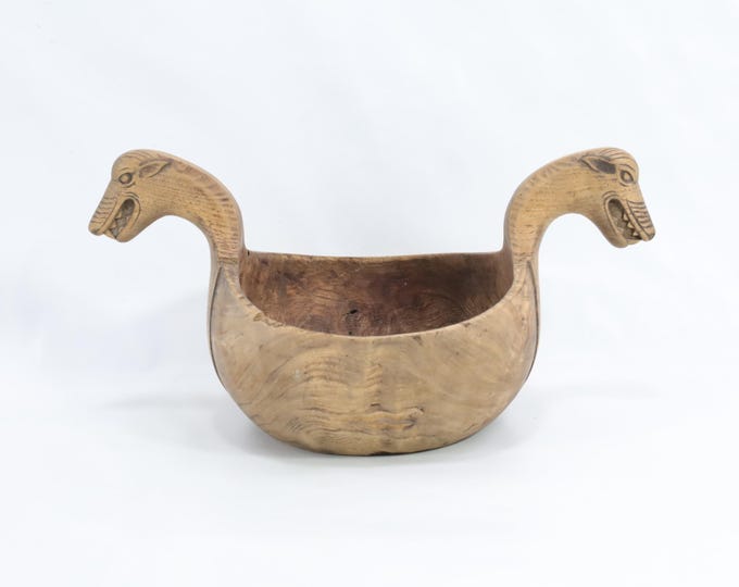 Vintage Norwegian Dragon Head Bowl | 1800s Folk Art | Handmade Burlwood Knot Kjenge | Scandinavian Collectible