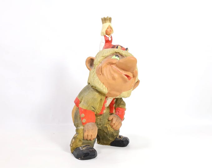 Large Vintage Henning Troll and Princess | Hand-Carved 1970s Wooden Figures | Norwegian Folk Art | Nordic Gift