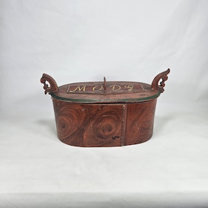 Rare Norwegian Folk Art Antique Red Tine Box with Forged Handle - Personalized Keepsake Box - 19th Century Decor