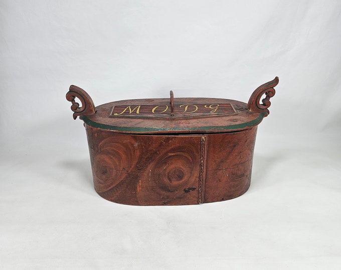 Rare Norwegian Folk Art Antique Red Tine Box with Forged Handle - Personalized Keepsake Box - 19th Century Decor