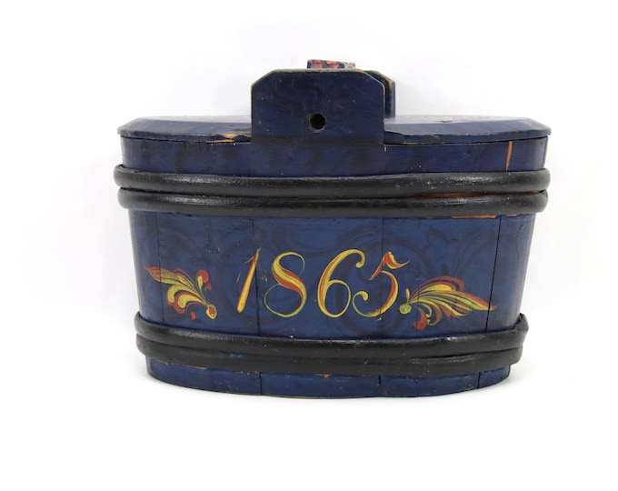 Antique Norwegian Oval Bentwood Box | Dated 1865 Folk Art Tine with Painted Decoration | Rustic Scandinavian Wooden Storage Box