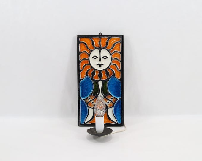 Vintage Konrad Galaaen Wall Sconce - 1970s Porsgrund Porcelain Sun Face, Converted Electric Lamp