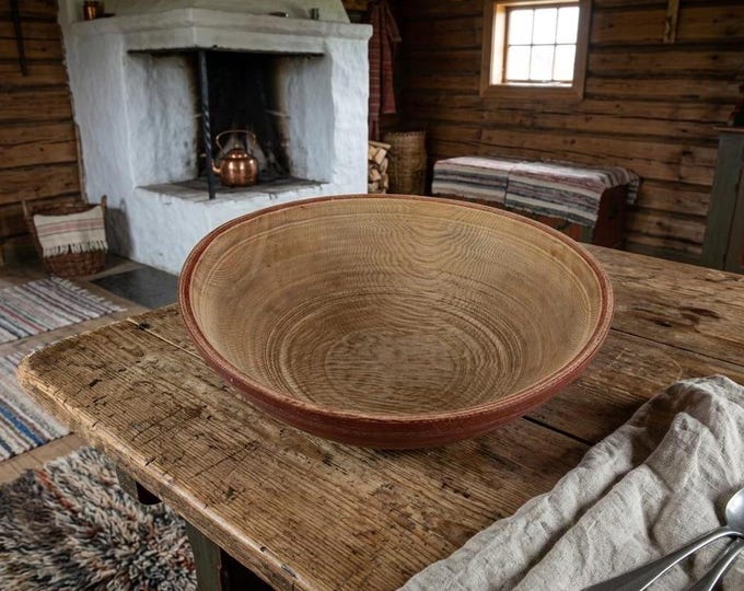 1800s Norwegian Folk Art Hand Turned Wooden Bowl | Traditional Red Painted Scandinavian Farmhouse Treen Dough Bowl