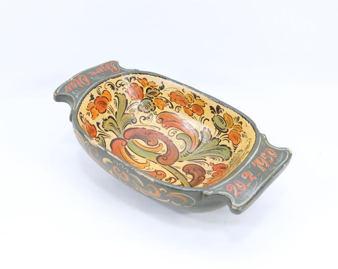 Norwegian Rosemaling Trau Bowl Dated 1950 | Hand Carved Folk Art Serving Dish | Scandinavian Painted Wooden Trough
