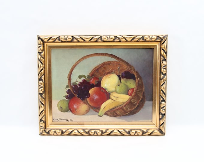 Vintage Norwegian Oil Painting Still Life – Basket of Fruit with Bananas, Grapes, Apples and Pears by Herm Hernes 1914 in Gilt Frame