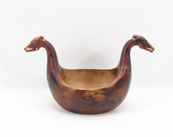 1920s Norwegian Beer Kjenge | Hand Carved Wooden Loving Cup | Folk Art Horse Head Drinking Vessel