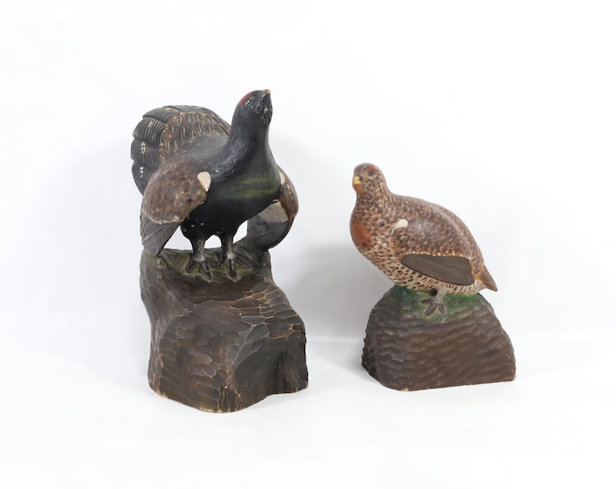 Handmade Wooden Capercaillie Pair | 1940s Norwegian Craftsmanship | Vintage Hand-Carved Birds | Unique Decor Piece