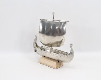 Vintage Haugrud Pewter Viking Ship on Wood Stand - Norwegian Longship Model, Made in Norway