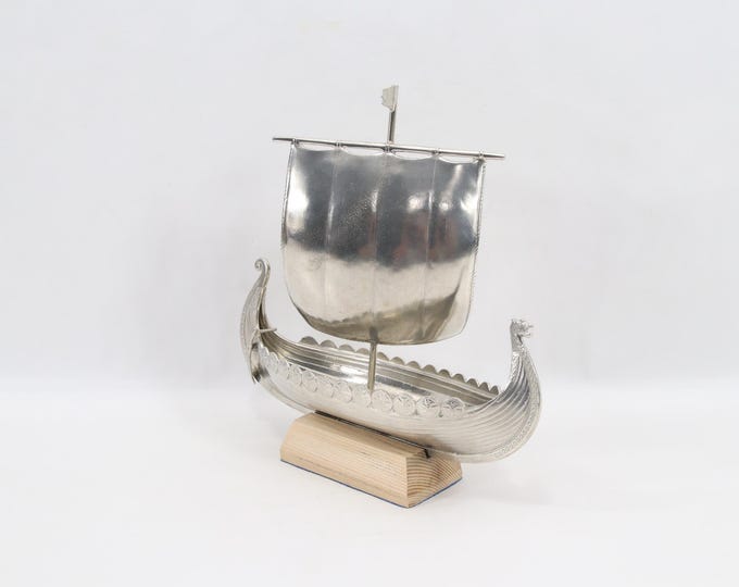 Vintage Haugrud Pewter Viking Ship on Wood Stand - Norwegian Longship Model, Made in Norway