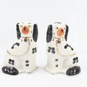 Victorian Staffordshire Pottery Poodle Pair, 1900s - Antique Large Ceramic Dogs with Gilded Collars