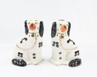 Victorian Staffordshire Pottery Poodle Pair, 1900s - Antique Large Ceramic Dogs with Gilded Collars