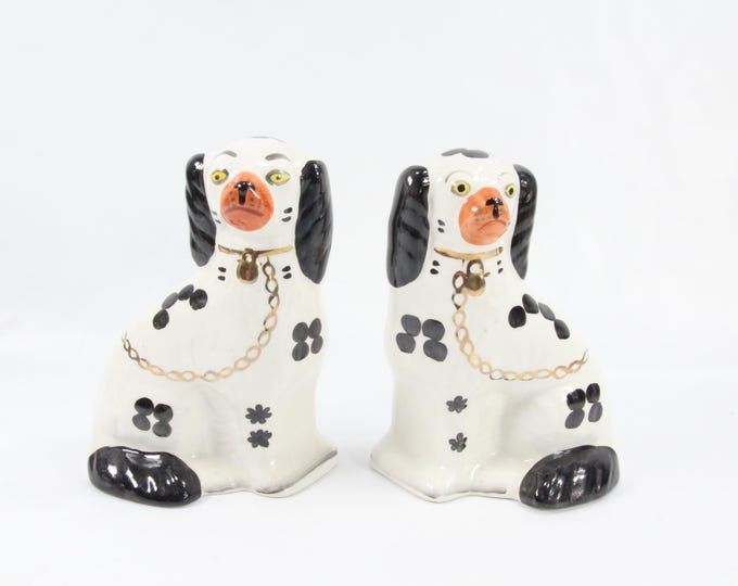 Victorian Staffordshire Pottery Poodle Pair, 1900s - Antique Large Ceramic Dogs with Gilded Collars