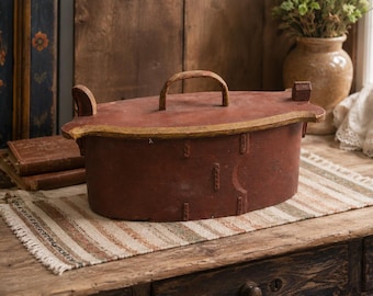 Antique Norwegian Wooden Tine Box 1800s | Rare Red Painted Scandinavian Bentwood Bride Box | Norway Folk Art Cabin Storage Chest