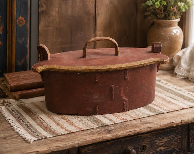 Antique Norwegian Wooden Tine Box 1800s | Rare Red Painted Scandinavian Bentwood Bride Box | Norway Folk Art Cabin Storage Chest