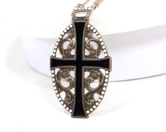 Antique Gilt Silver & Enamel Cross Necklace | Victorian Openwork Pendant | American Silversmith Craft | 1880s Jewelry