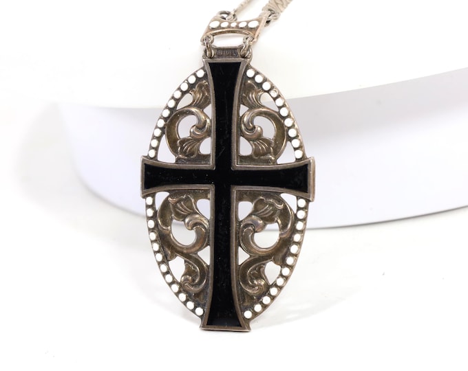 Antique Gilt Silver & Enamel Cross Necklace | Victorian Openwork Pendant | American Silversmith Craft | 1880s Jewelry