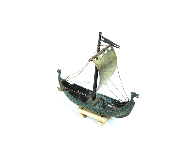 Vintage Bronze Iron Art Viking Ship Sculpture by Edward Aagaard 1950s -Viking Dragon Ship