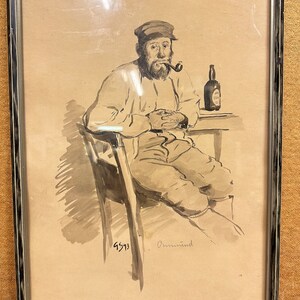 May include: A black and white drawing of a man sitting in a chair with a pipe in his mouth and a bottle of beer on the table. The drawing is signed "5513 - Ommund".