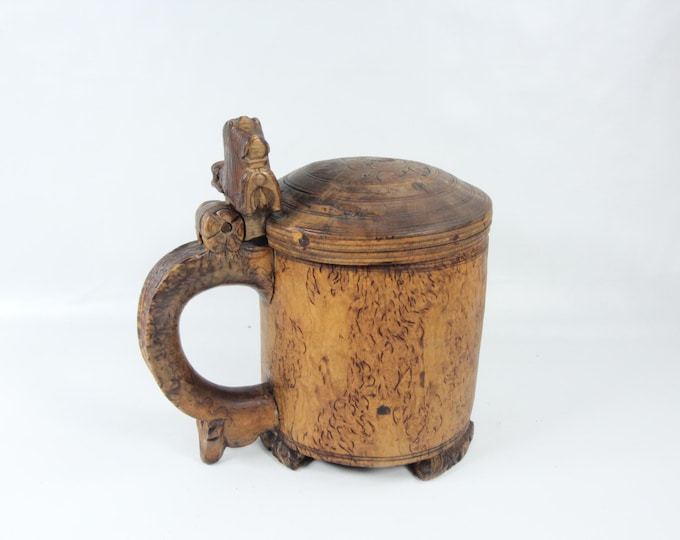 Hand Carved Norwegian Ale Tankard - Antique Beer Stein with Lion on the handle 1800s