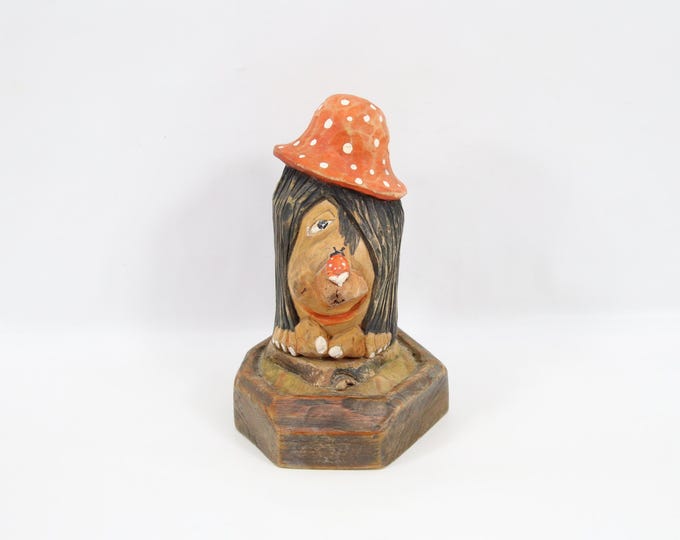 Vintage 1960s Norwegian Hand-Carved Wood Troll Figure | Signed CL 1968 | Folk Art Mushroom Hat & Ladybug Detail