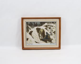 Vintage Porsgrund Porcelain Wall Art | Harald Kihle Skogsvegen 1965 | Framed Norwegian Horse Sleigh Winter Landscape Plaque Wall Decor