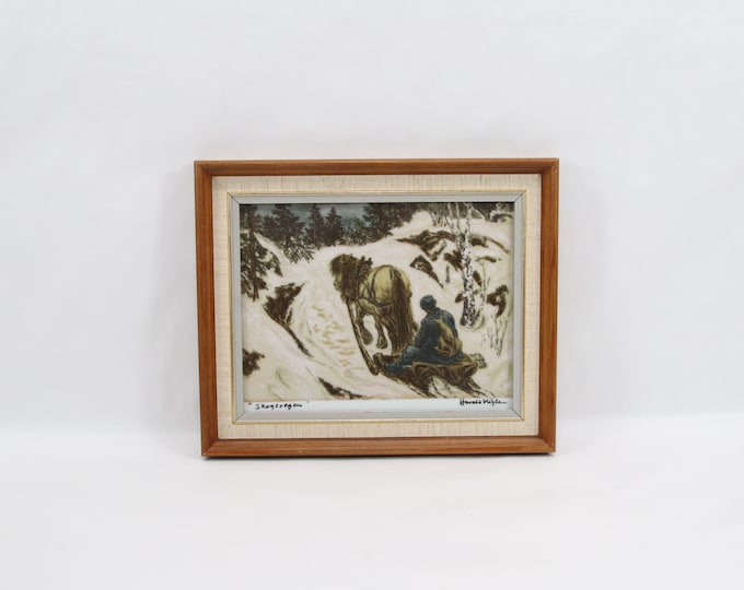 Vintage Porsgrund Porcelain Wall Art | Harald Kihle Skogsvegen 1965 | Framed Norwegian Horse Sleigh Winter Landscape Plaque Wall Decor