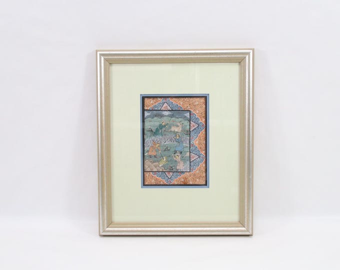 Antique Style Indian Persian Miniature Painting – Hand Painted Gouache Hunting Scene with Tiger and Gazelles in Silvered Frame