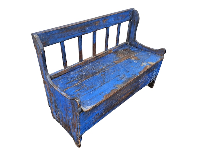 Antique 19th Century Norwegian Folk Art Children's Bench with Beautiful Blue Patina - 1800s patina - Unique home decor