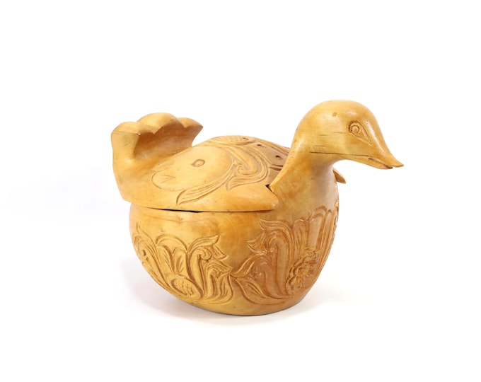 Vintage Norwegian Hand Carved Bowl with Bird Motif - 1920s Wooden Folk Art Lidded Vessel with Rich Carvings