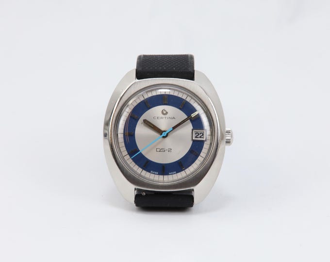 Vintage Certina DS-2 Bullseye Watch - Blue and Silver Dial, Turtle Back, 38mm Swiss Wristwatch