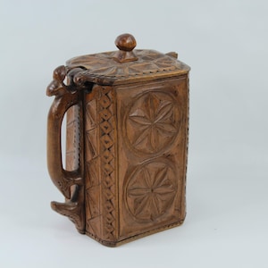 Genuine Wood Carvings Ale Tankard - Rare 19th Century Norwegian Folkart - Unique Collectible Piece