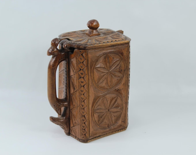 Genuine Wood Carvings Ale Tankard - Rare 19th Century Norwegian Folkart - Unique Collectible Piece