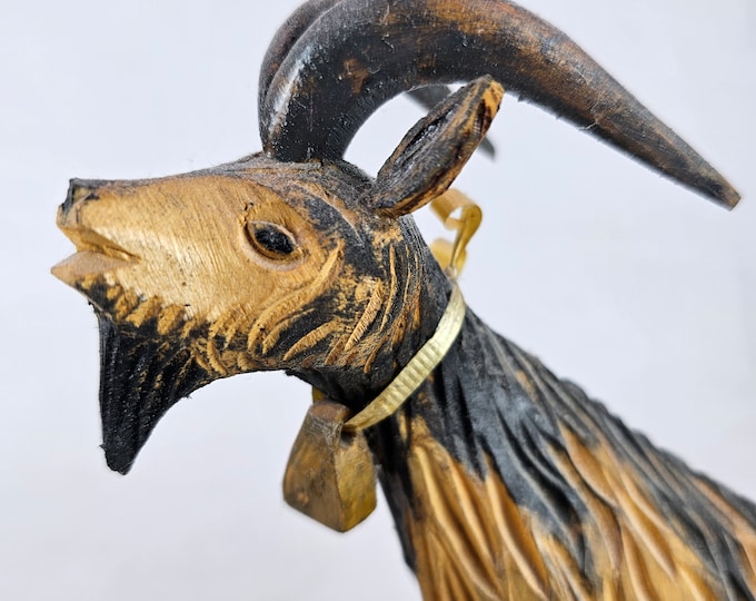 Primitive Hand Carving of Vintage Norwegian Wooden Mountain Goat - Collectible Scandinavian Folk Art Décor