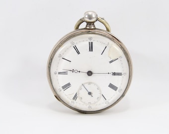 Antique Key Wind Pocket Watch | Late 1800s Silver Case | Roman Numeral Enamel Dial | Working Mechanical Watch w/ 830S Chain & Key