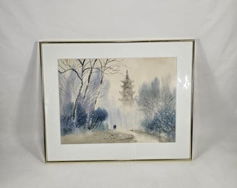 Preciosa pintura vintage en acuarela sobre papel del artista chino contemporáneo Wu Tongli: pagoda antigua de Lomg hua